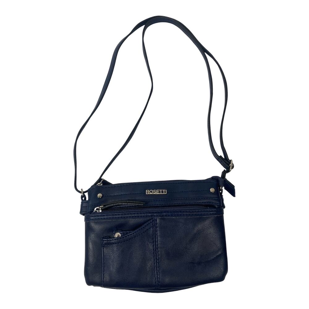 Rosetti Blue Crossbody Bag Zip Closure Detachable Strap Pockets Silver Hardware